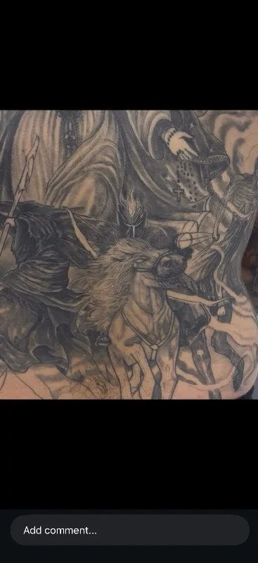 Benson Carlos black and gray knight tattoo on ribs, Hawaii